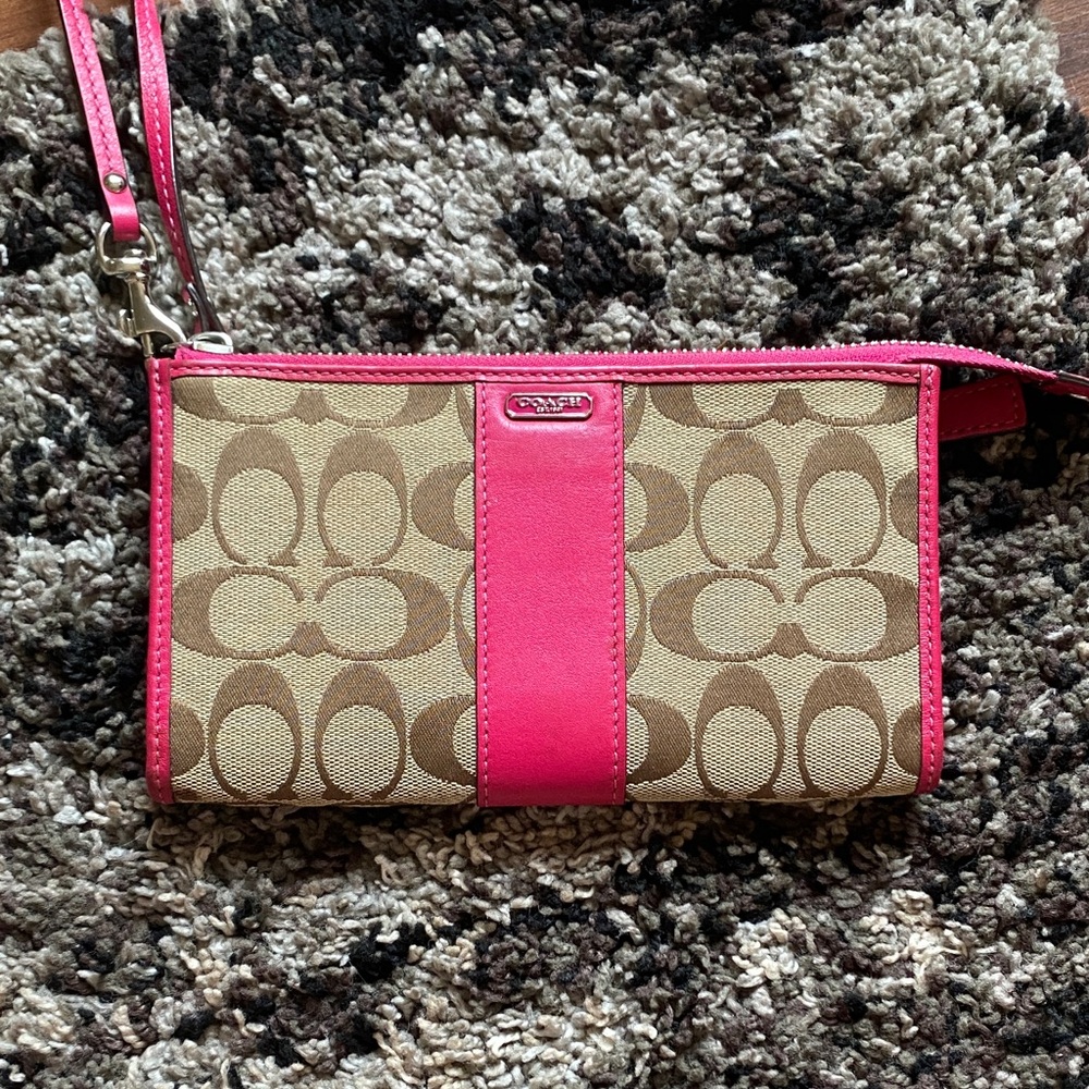 Coach Signature Logo Canvas Wristlet Brown Hot Pink Leather Trim Wallet Purse
